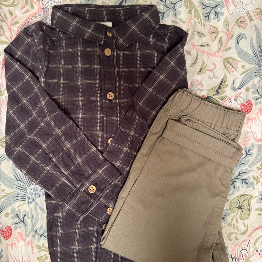 Brown Plaid Button Down Shirt with Tan Pants Kids